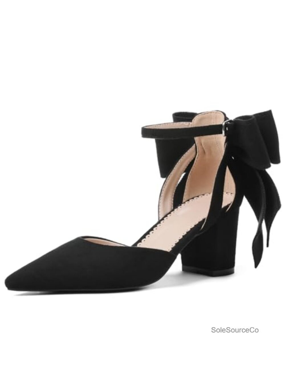 Women's Black Pointed Toe Pumps Bow Ankle Strap Chunky High Heels